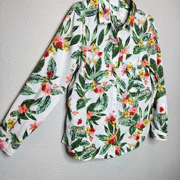 Luxury Linen Charter Club Sz Med Tropical Jungle Print Button Front Roll Sleeve - Picture 7 of 16